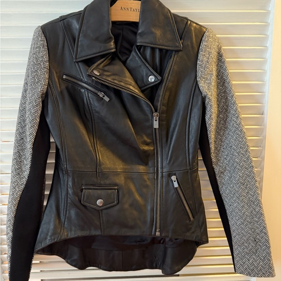 G.I.L.I  Black Leather Jacket with Patterned  Fabric Sleeves - Picture 1 of 16